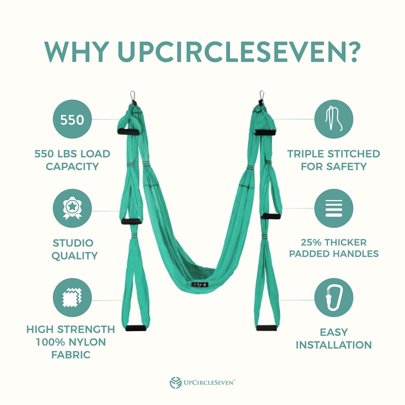 UpCircleSeven مجموعة أرجوحة اليوغا الهوائية UpCircleSeven مع ملحقات تثبيت السقف، تركواز - Image 2
